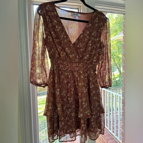 Mimi Chica Brown Floral V-Neck Dress - Picture 1 of 7